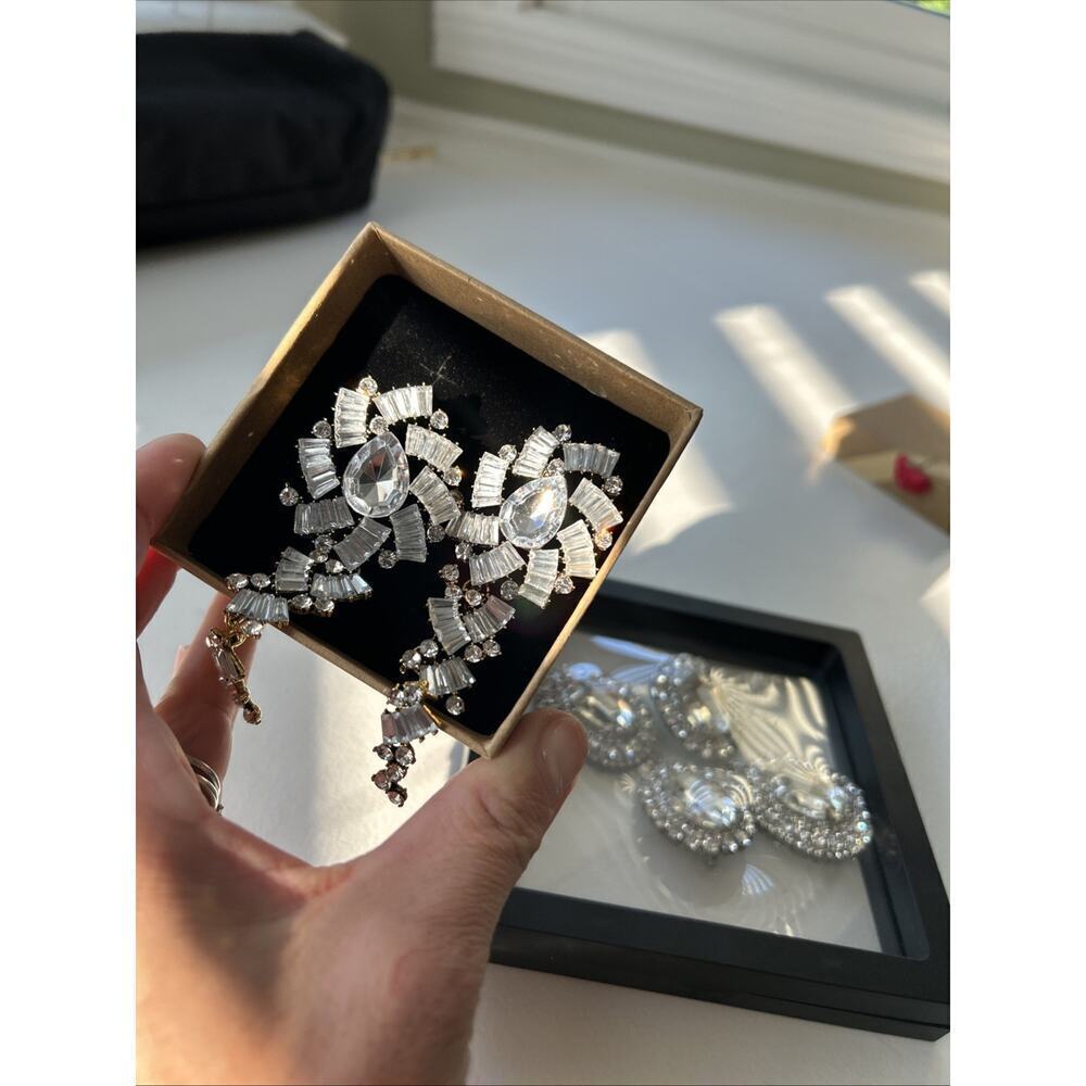 Pageant Prom Earrings Large Rhinestone Crystal Silver Clear Lot Drag Chandelier - Picture 13 of 13